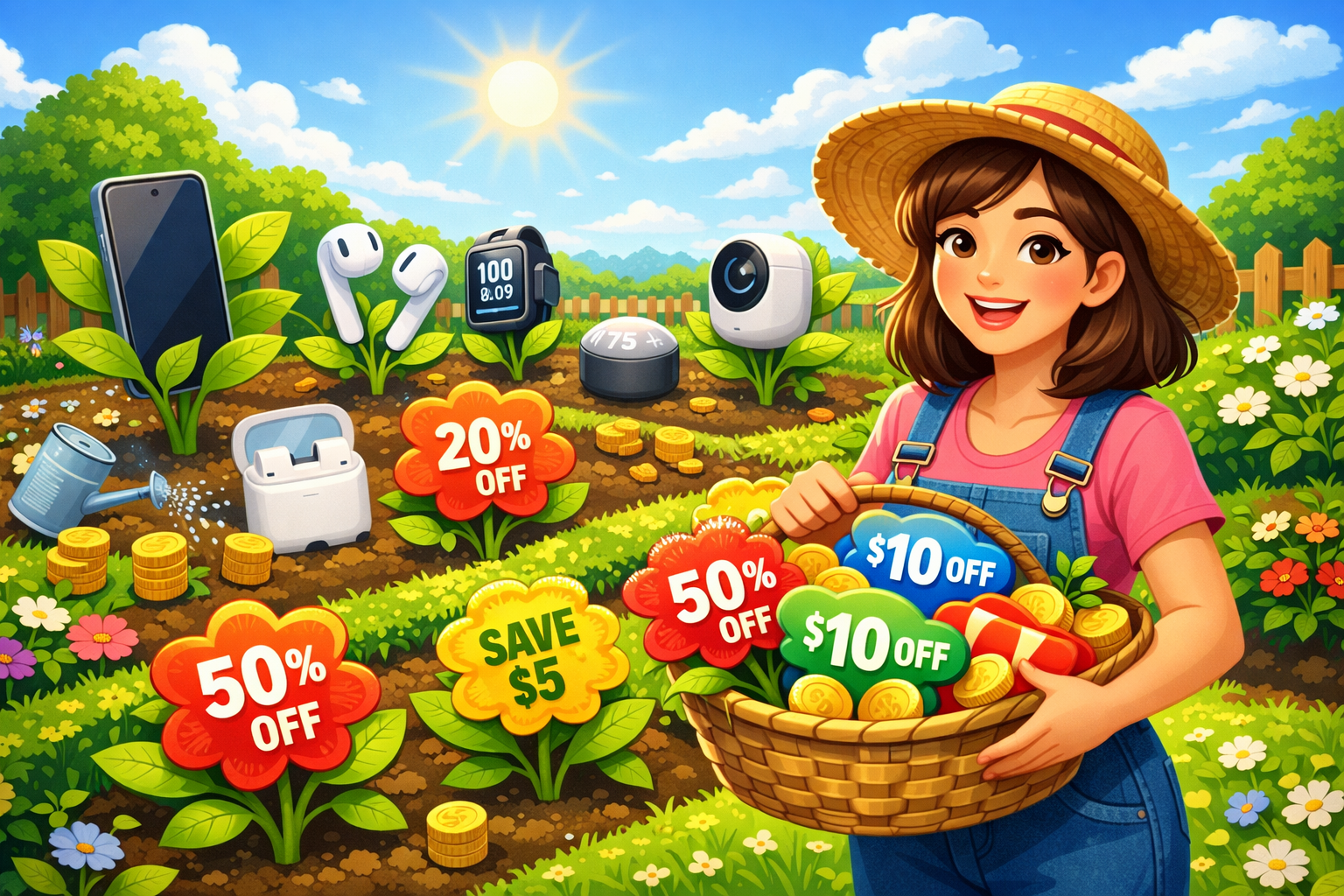 Create a bright, inviting digital illustration of a lush green garden where colorful coupon flowers bloom on neat rows, with wireless phones, earbuds, and smart garden gadgets growing like plants, a happy shopper holding a basket of savings, sunny outdoor setting with soft blue sky, playful and fresh atmosphere, high detail suitable for a blog header or coupon site thumbnail.