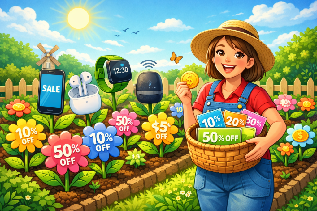 Create a bright, inviting digital illustration of a lush green garden where colorful coupon flowers bloom on neat rows, with wireless phones, earbuds, and smart garden gadgets growing like plants, a happy shopper holding a basket of savings, sunny outdoor setting with soft blue sky, playful and fresh atmosphere, high detail suitable for a blog header or coupon site thumbnail.
