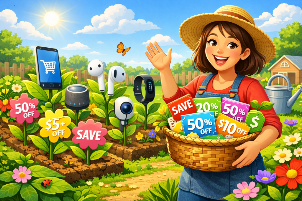 Create a bright, inviting digital illustration of a lush green garden where colorful coupon flowers bloom on neat rows, with wireless phones, earbuds, and smart garden gadgets growing like plants, a happy shopper holding a basket of savings, sunny outdoor setting with soft blue sky, playful and fresh atmosphere, high detail suitable for a blog header or coupon site thumbnail.